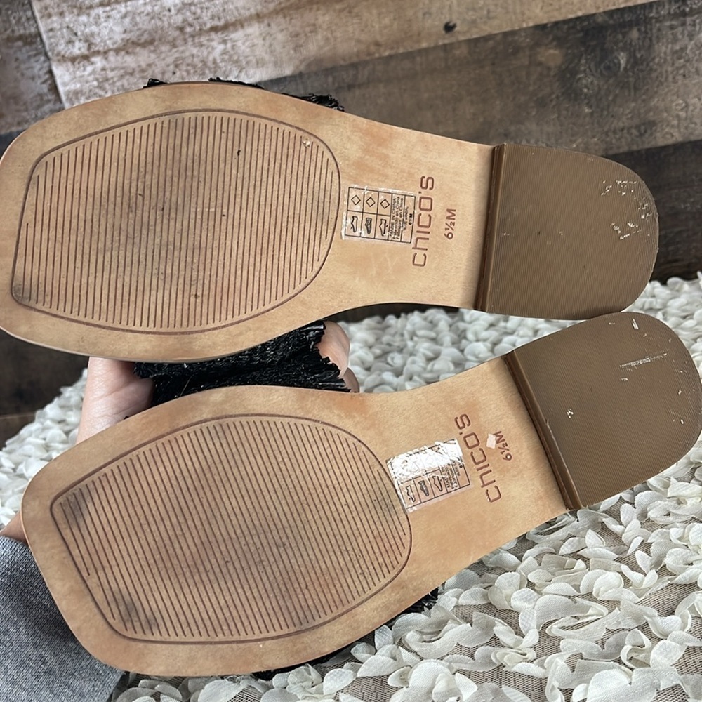 Chico’s Sandals Sz 6.5 Black Raffia and Shell Slides leather shoes - Picture 4 of 5